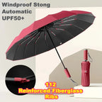 Automatic Open Close Compact Folding Umbrella, 112 Rib Windproof UV50+ Sun Rain - Black