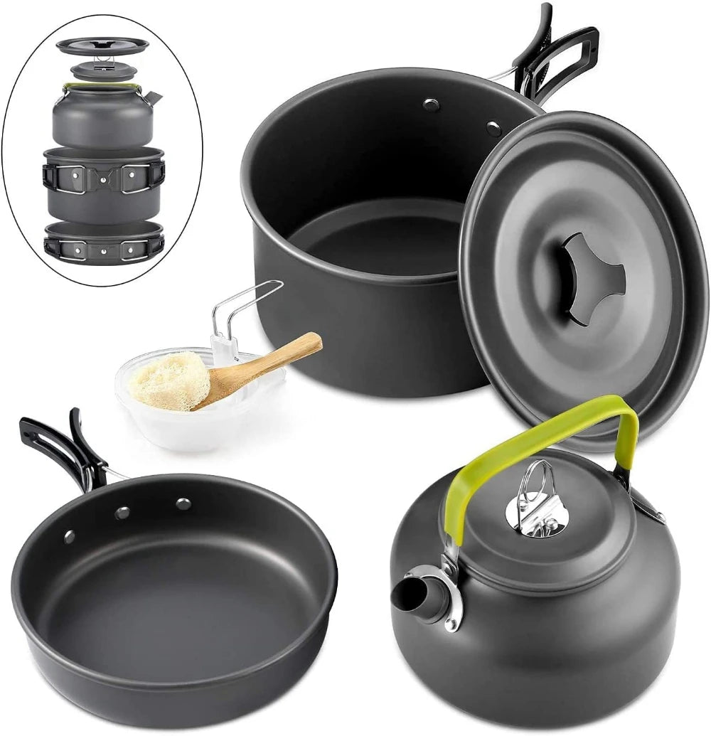 Outdoor camping cookware set aluminum non stick pot portable outdoor tableware cookware cooking pot bowl hiking BBQ picnic