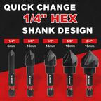 EZARC 5PCS Countersink Drill Bit Set for Metal, 1/4 Inch Hex Shank Countersunk Bits 82 Degree 5 Flute, 1/4” 3/8” 1/2” 5/8” 3/4”
