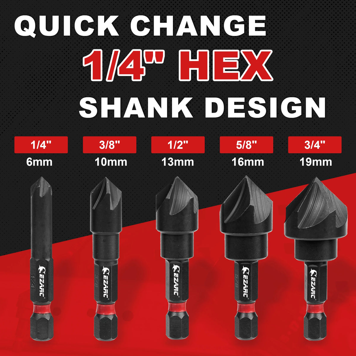 EZARC 5PCS Countersink Drill Bit Set for Metal, 1/4 Inch Hex Shank Countersunk Bits 82 Degree 5 Flute, 1/4” 3/8” 1/2” 5/8” 3/4”