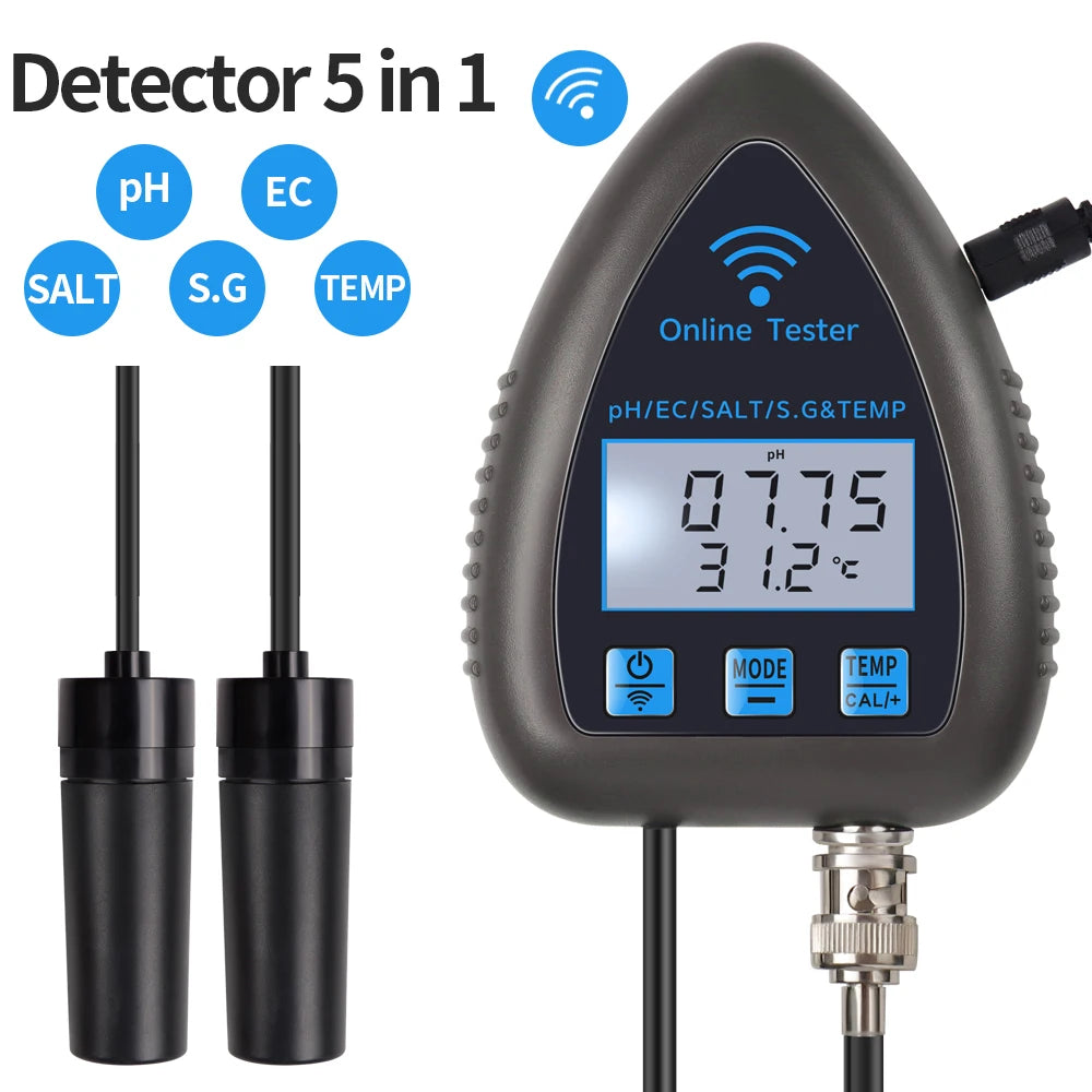 Tuya WiFi 5 in 1 Water Quality Monitor TDS/EC/SALT PH S.G.TEMP Multi-function Bluetooth Water Analyzer for Aquariums Aquaculture