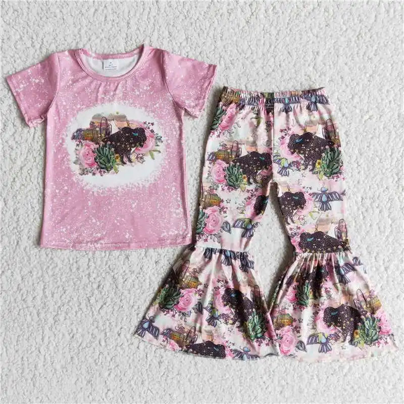 Wholesale No Moq Mama Baby Girl Clothes Short Sleeve Shirt Leopard Bell Bottom Pants Outfits Toddler Children Mother's Day Set