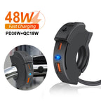 48W PD QC3.0 Motorcycle Handlebar USB Charger Socket, Waterproof Type-C Port, Switch/LED