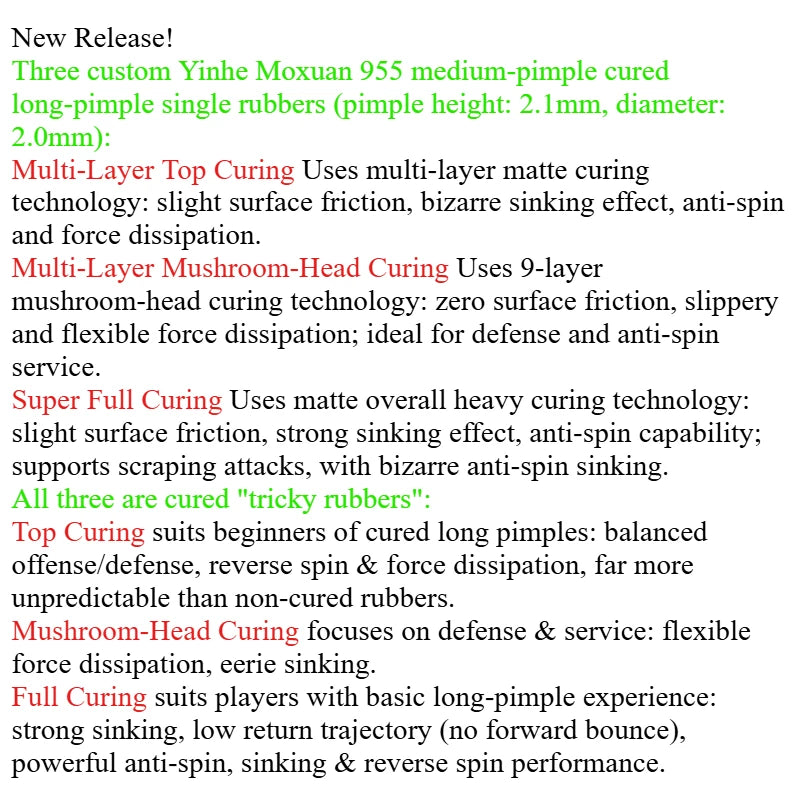 YINHE 955 Green Blue Cured Table Tennis Rubber Long Pimples OX Medium Particles 955 Ping Pong Without Sponge Rubber Anti-spin