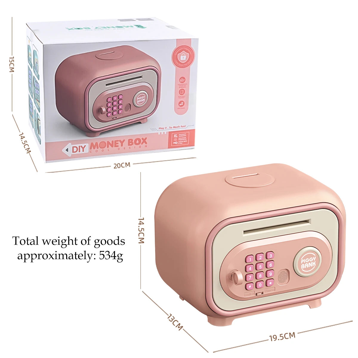 Kids ATM Piggy Bank Money Box with Fingerprint & Password Lock, Large Capacity, Pink/Green