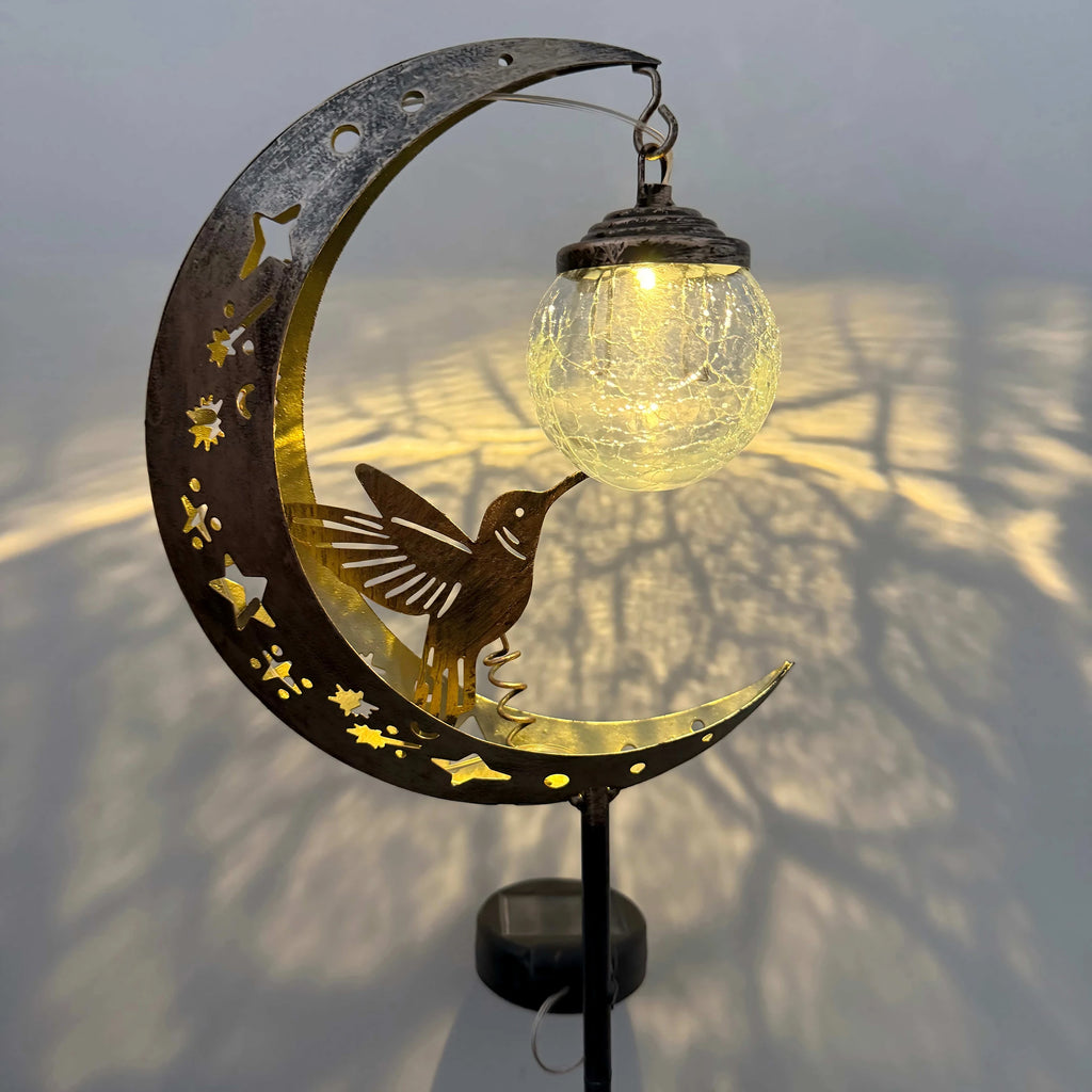Solar moon ground stake light with hummingbird & glass ball, warm white 0-5W