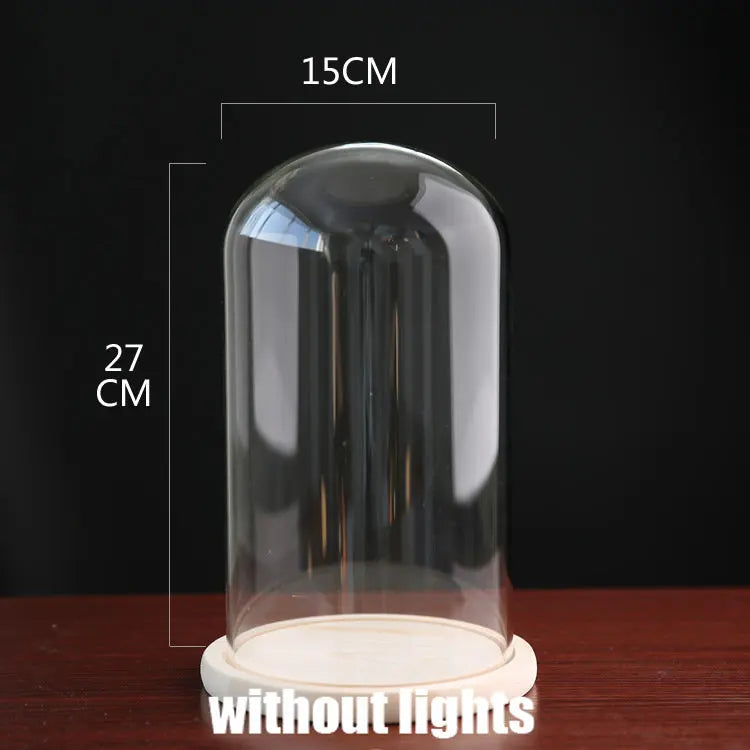 Tabletop Display Glass Cover Terrarium Container Decor Dry Flower Ornaments Craft Bell Jar Wood Base with Feet LED Light Holder