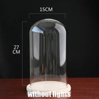 Tabletop Display Glass Cover Terrarium Container Decor Dry Flower Ornaments Craft Bell Jar Wood Base with Feet LED Light Holder