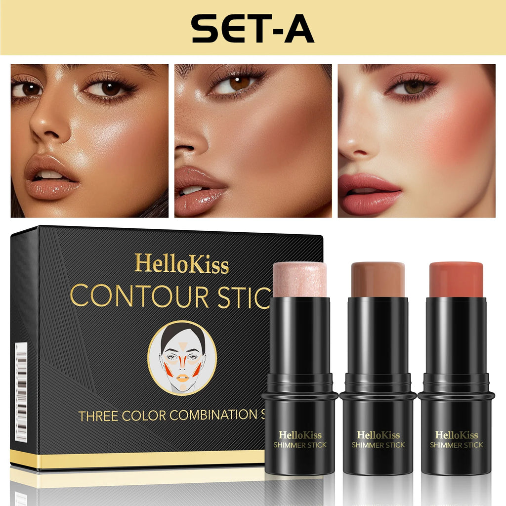 1 Set of 3 Contouring Sticks, Highlighter Sticks, and Blush Sticks, 3-Piece Cream Contouring Set, Creates Facial Contours, Non-Greasy