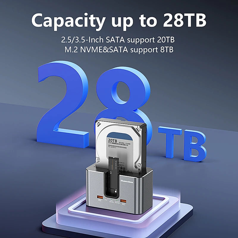 Blueendless M.2 NVMe/SATA & 2.5/3.5in SATA SSD/HDD Docking Station with USB 3.2 Hub, HD01SN