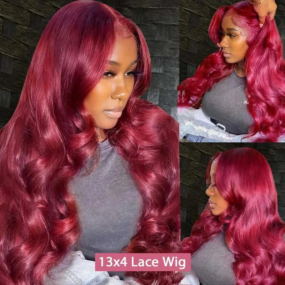 Burgundy 99J Human Hair Lace Front Wig 13x4 HD Transparent Body Wave 16-34in