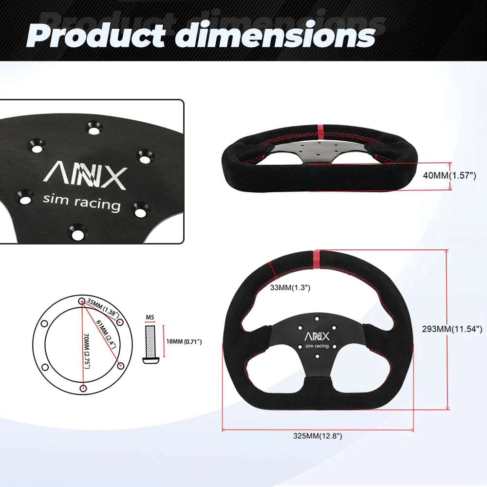 Universal 325mm/12.8inch Black Flat D Shape Suede Leather Steering Wheel 70mm-PCD For Most Vehicles & Sim Racing Game STW043