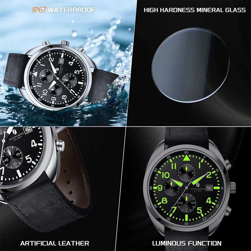 SAPPHERO Business Men's Watch Comfortable Leather Strap Water Resistant Watch with Illuminated Hands Chronograph Watch For Men