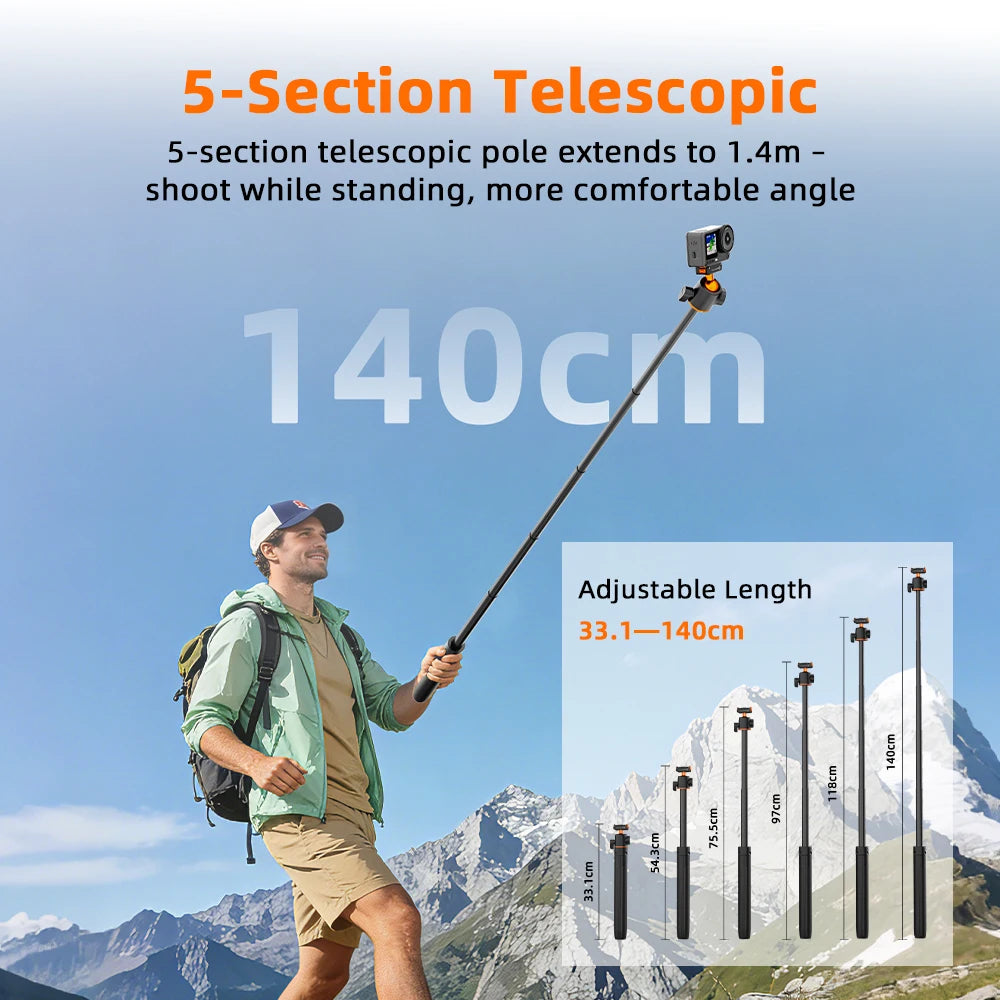 Flymile Magnetic Tripod Selfie Stick for DJI Osmo Action 6, Quick Release Base, 140cm