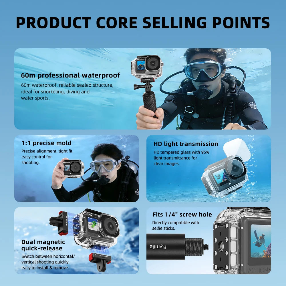 Flymile Action 6 60M Waterproof Case Underwater Diving Housing Cover Protective Case for DJI OSMO Action 6 Accessories