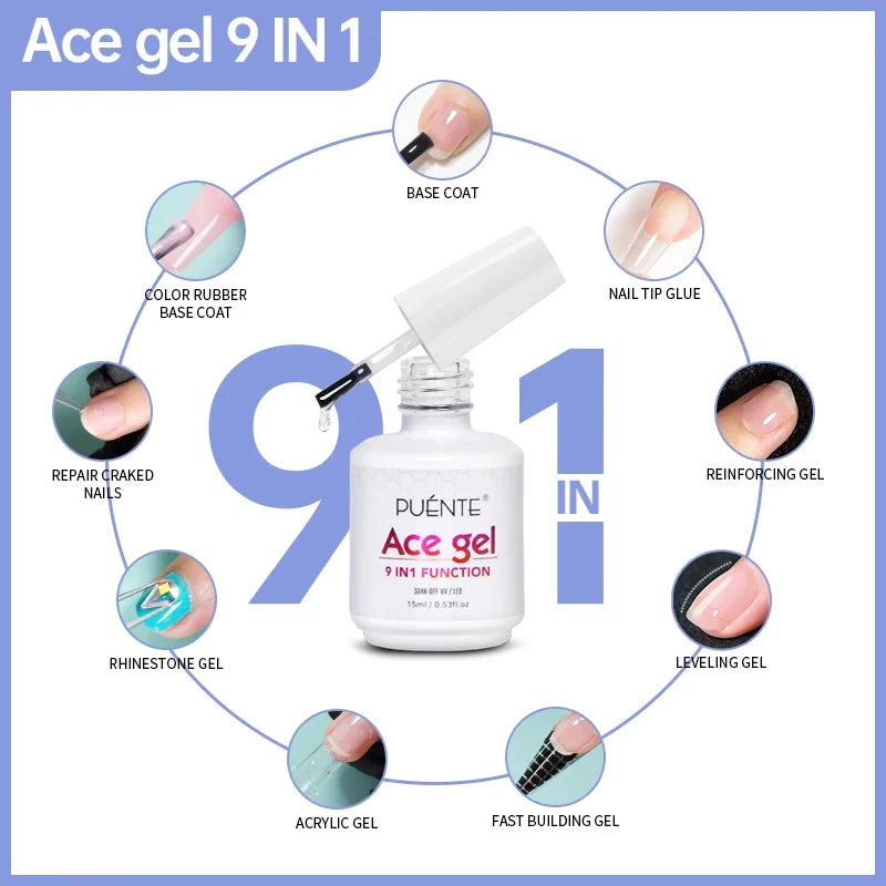 15ML Ace Gel 9-in-1 Nail Glue Gel Nail Polish Transparent Clear Function UV Gel Soak Off Nail Art Varnish Thickness Base coat