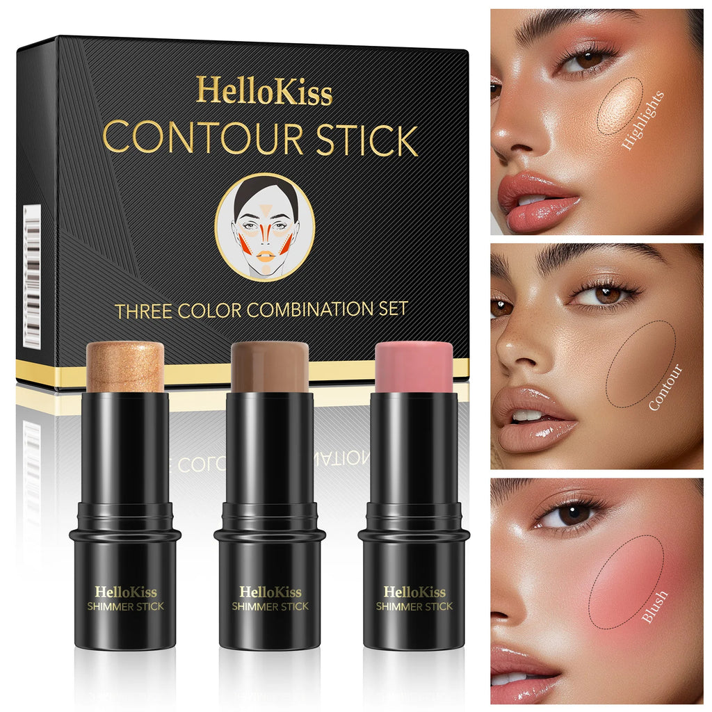 1 Set of 3 Contouring Sticks, Highlighter Sticks, and Blush Sticks, 3-Piece Cream Contouring Set, Creates Facial Contours, Non-Greasy