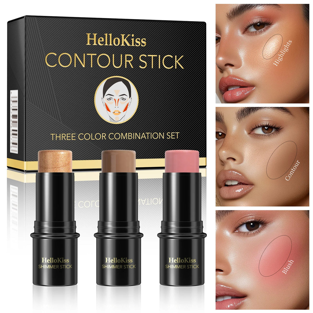 1 Set of 3 Contouring Sticks, Highlighter Sticks, and Blush Sticks, 3-Piece Cream Contouring Set, Creates Facial Contours, Non-Greasy