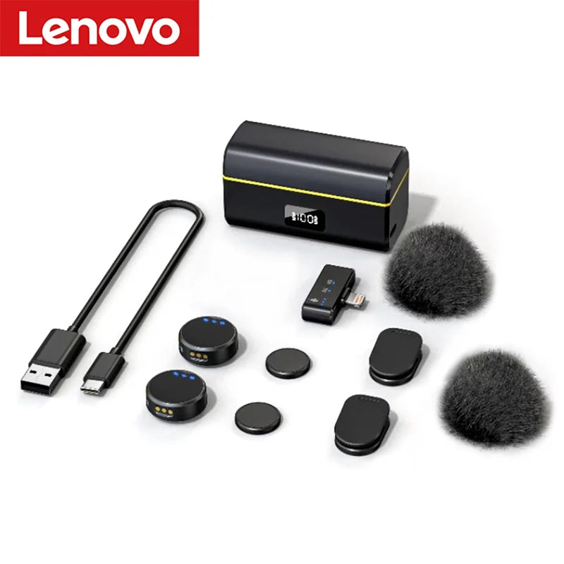 Lenovo Magnetic Wireless Lavalier Microphone 100M Noise Reductionfor with Charging Box Professional Microphone for Recording