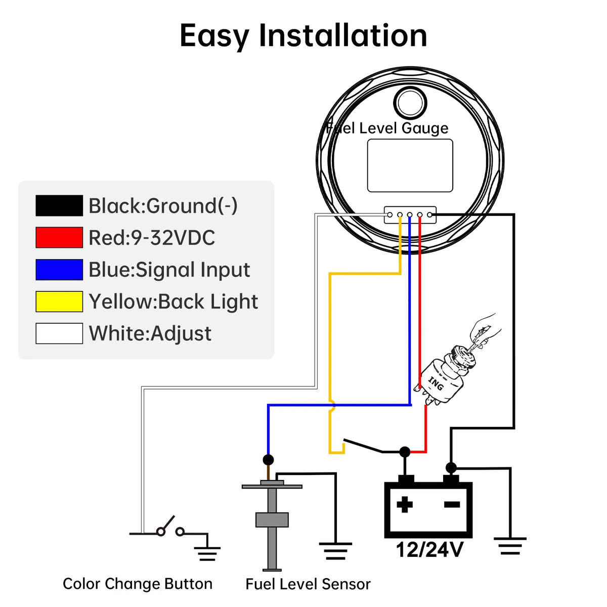 0-190 Ohm Water Level Sensor 52mm Water Level Gauge with 7 Color LED Water Tank Meter Indicator Petrol Boat Car 12V24V Custom