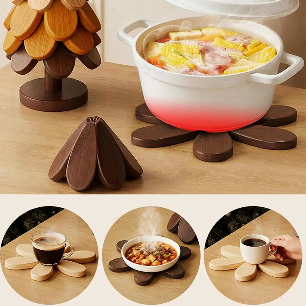 Wooden Table Coasters 5pcs Christmas Tree Trivets Heat Resistant Desk Coaster Tree Design Stand Table Mat Coaster Placemats