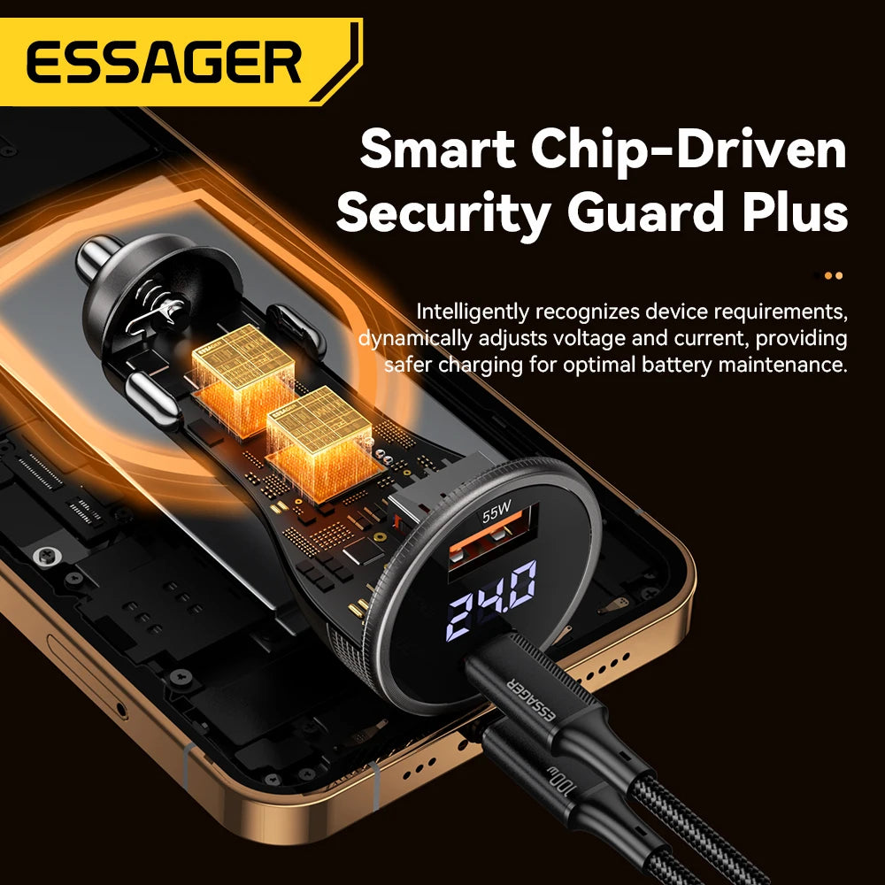 Essager 100W USB C Car Charger PD3.0 Fast Charging Digital Dispaly Quick Charge for iPhone 15pro Samsung Xiaomi  MacBook Laptop