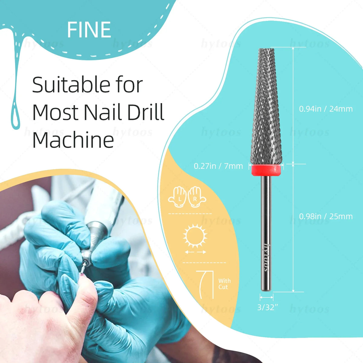 HYTOOS Flat Top 5 in 1 Nail Drill Bit 24mm Long Carbide Tapered Nail Bits Electric Drill Accessories Gel Polish Removal Tool