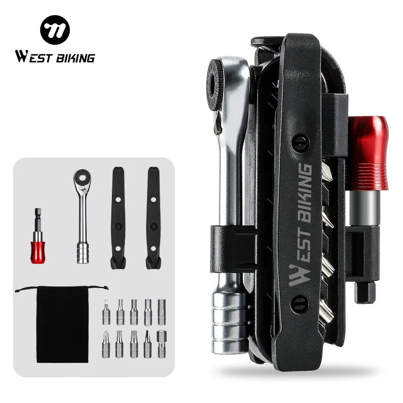 WEST BIKING 14-in-1 Ratchet Wrench Tool Set with Tire Pry Bar & Extension Rod, Black