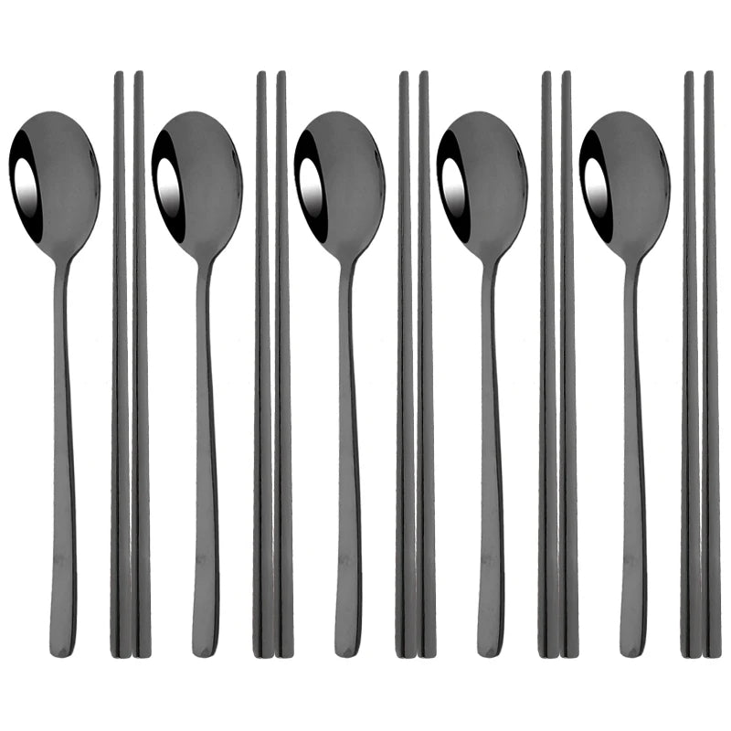 304 Stainless Steel Cutlery Set Sushi Sticks Dinner Spoons Set 10Pcs Dinnerware Korean Chopsticks Dessert Spoon Flatware Set