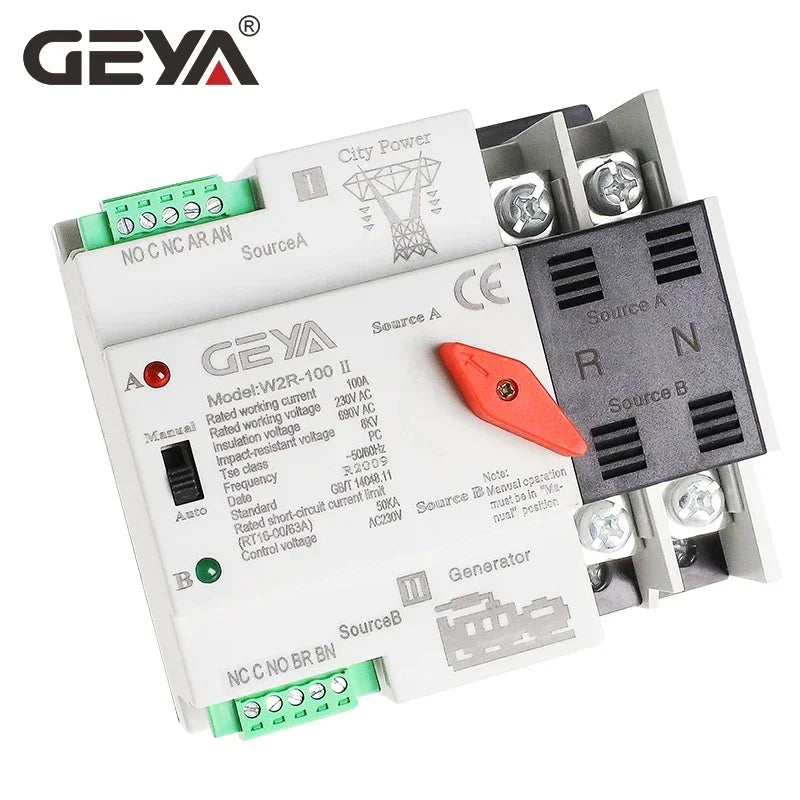 GEYA W2R ATS 110V 220V PC Dual Power Automatic Transfer Switch 63A 100A Household Power Transfer Switch 50/60Hz