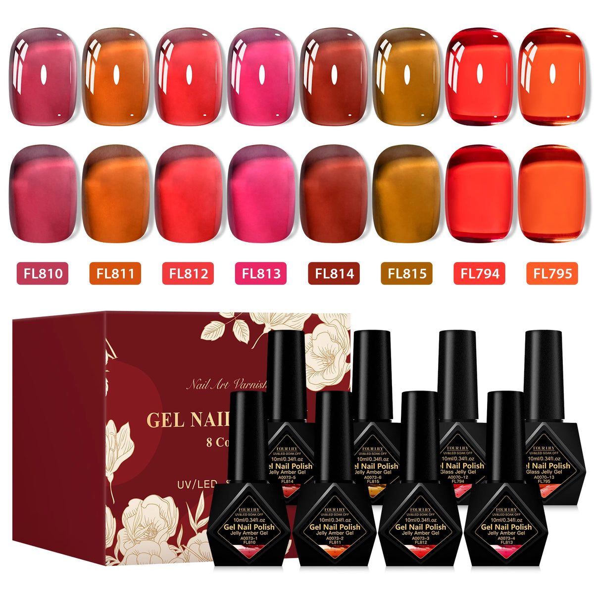 Jelly Gel Nail Polish Set 8pcs x 10ml Semi-Transparent Red Purple UV/LED Soak Off