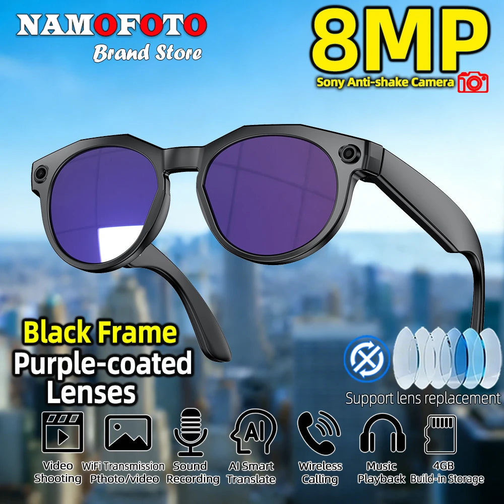 2026 New Smart Glasses 8MP Camera 1080P Video Shooting AI Real-time Translation SI BT Call Music Play Voice Recording Sunglasses