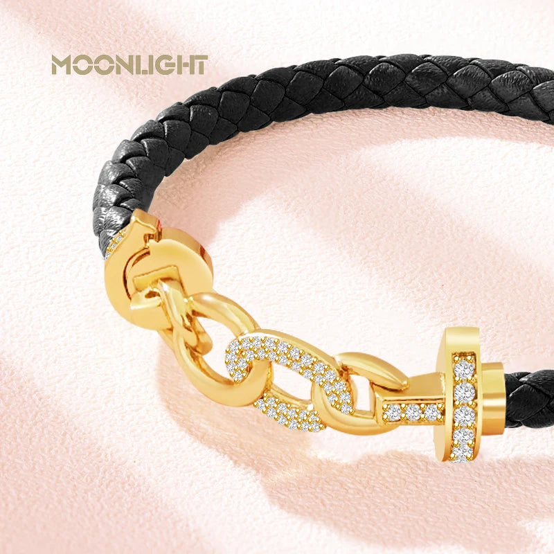 MOONLIGHT New Luxury Women's Zircon Ring Round Bracelet Genuine Braided Leather Bracelet for Woman Fashion Accessories 8 colors
