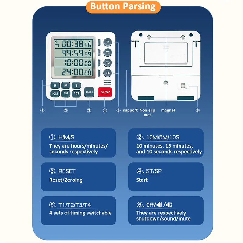 4 Channels Digital Timer Timing Kitchen Timer Learning/Catering Use LCD Display Mute Flashing Timer with Magnetic Back Stand