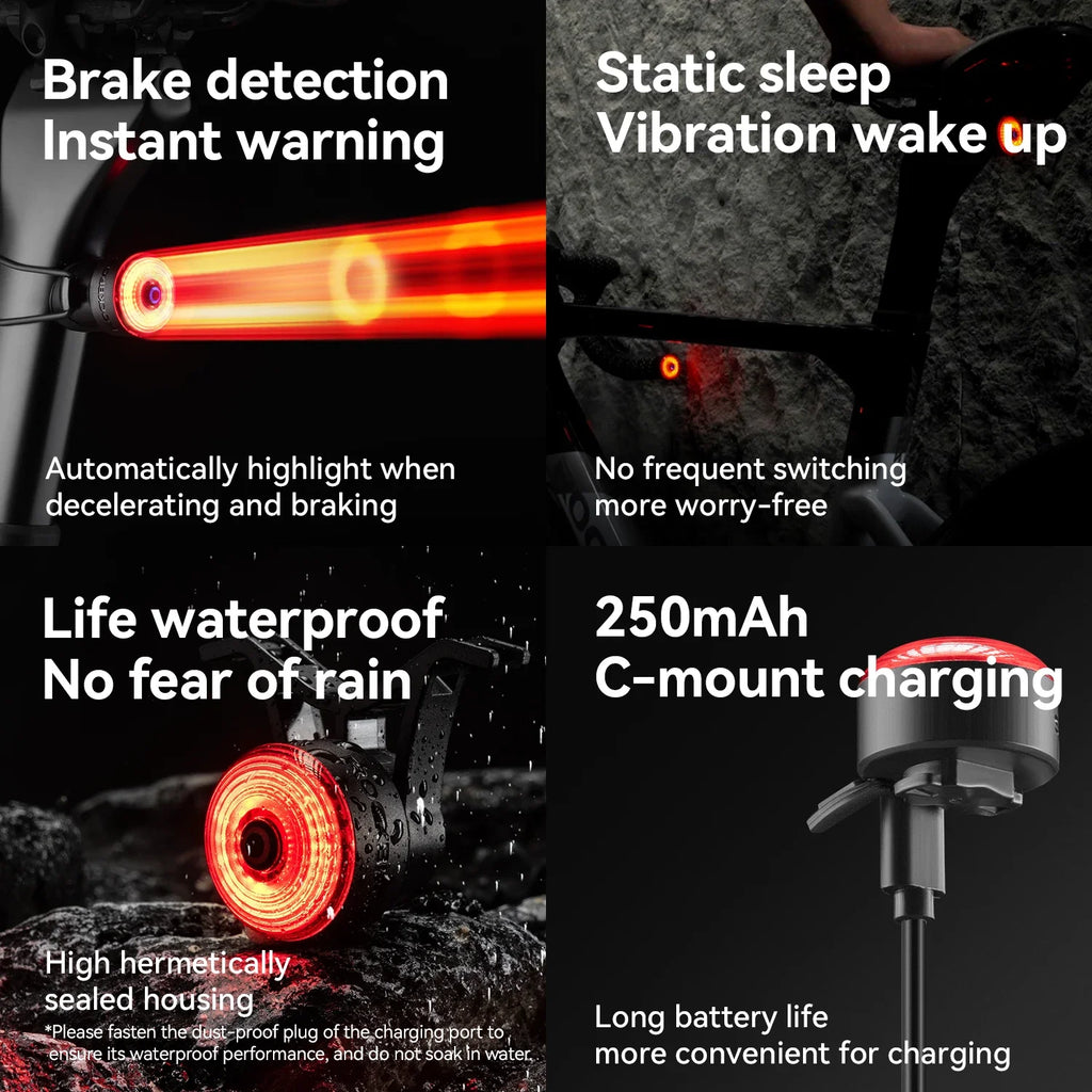 ROCKBROS Bicycle Handlebar End Lights IPX6 Bike Rear Light 5 modes Bike Lamp Intelligent Brake Sensor Safety Night Riding