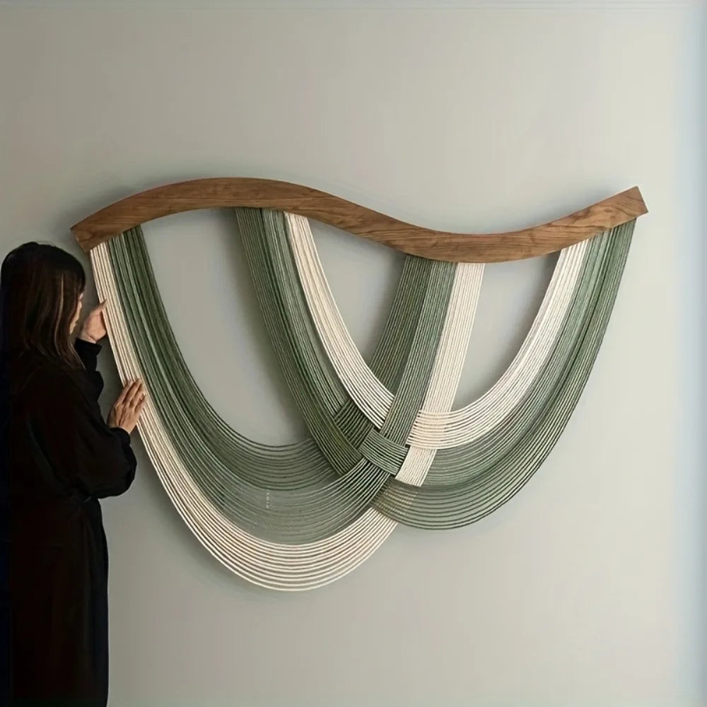 Macrame Wall Hanging Wood Arch Large Bohemian Woven Tapestry with Green Beige Tassels for Living Room Bedroom Boho Wall Decor