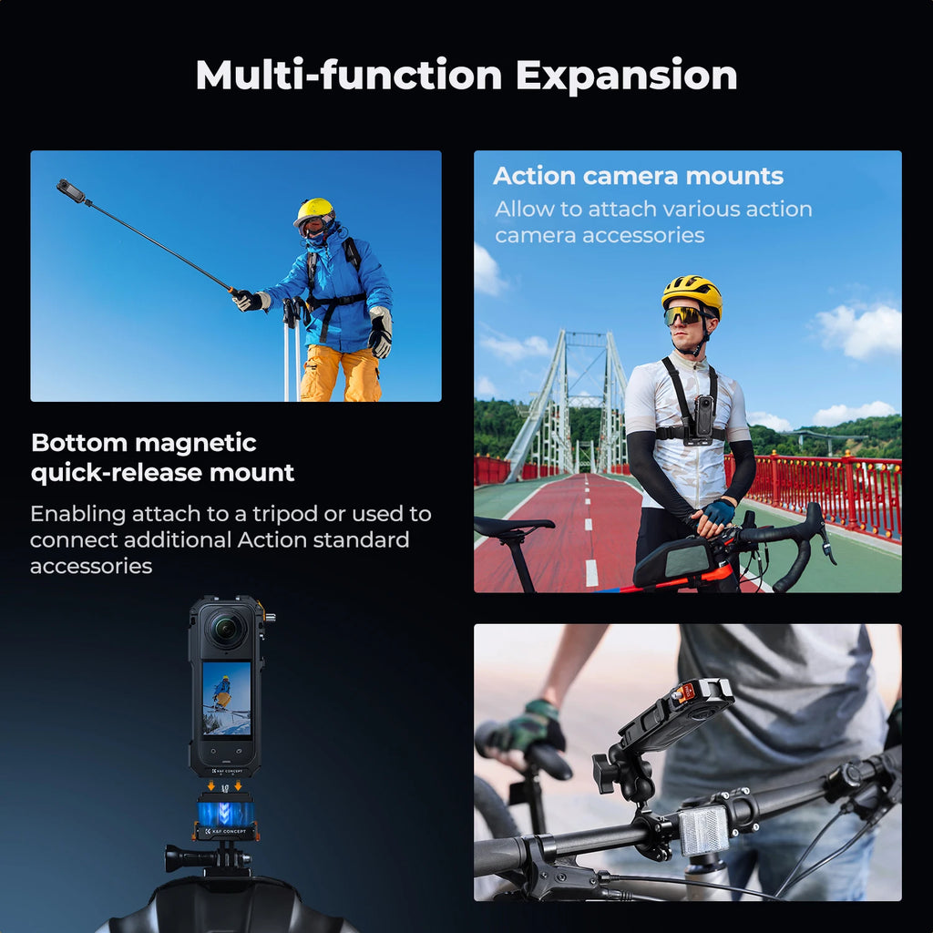K&F CONCEPT Camera Cage for Insta360 X5 Aluminum Alloy Protective Case with Silicone Lens Cover Frame with 2 Cold Shoe Mounts