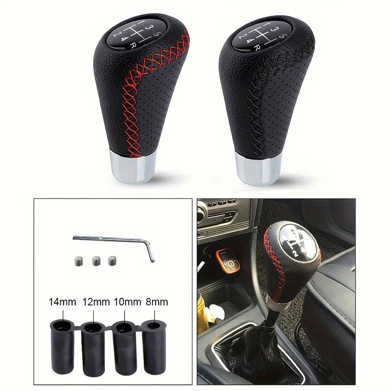 Universal 5-Speed Manual Leather Gear Shift Knob Red Stitch, M8 M10 M12 Adapters