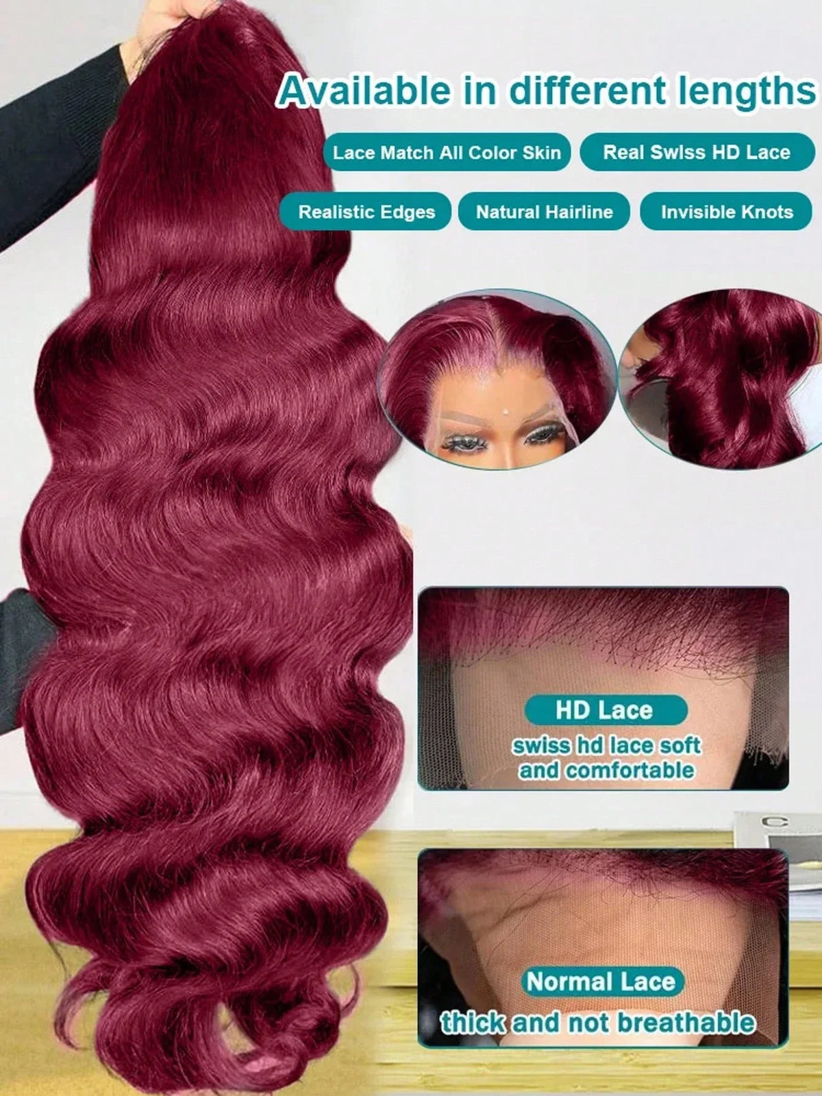 Burgundy 99J Human Hair Lace Front Wig 13x4 HD Transparent Body Wave 16-34in