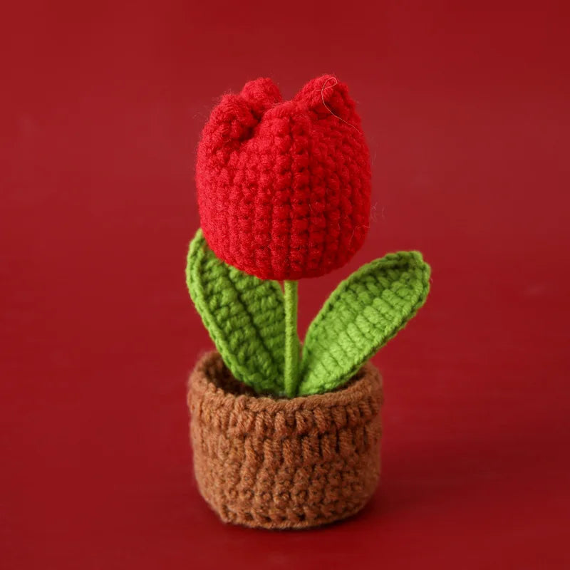 Mini Tulips Crochet Flowers Potted Cute Knitting Flowers Table Car Decor Handmade Artificial Tulips Flores Tejidas