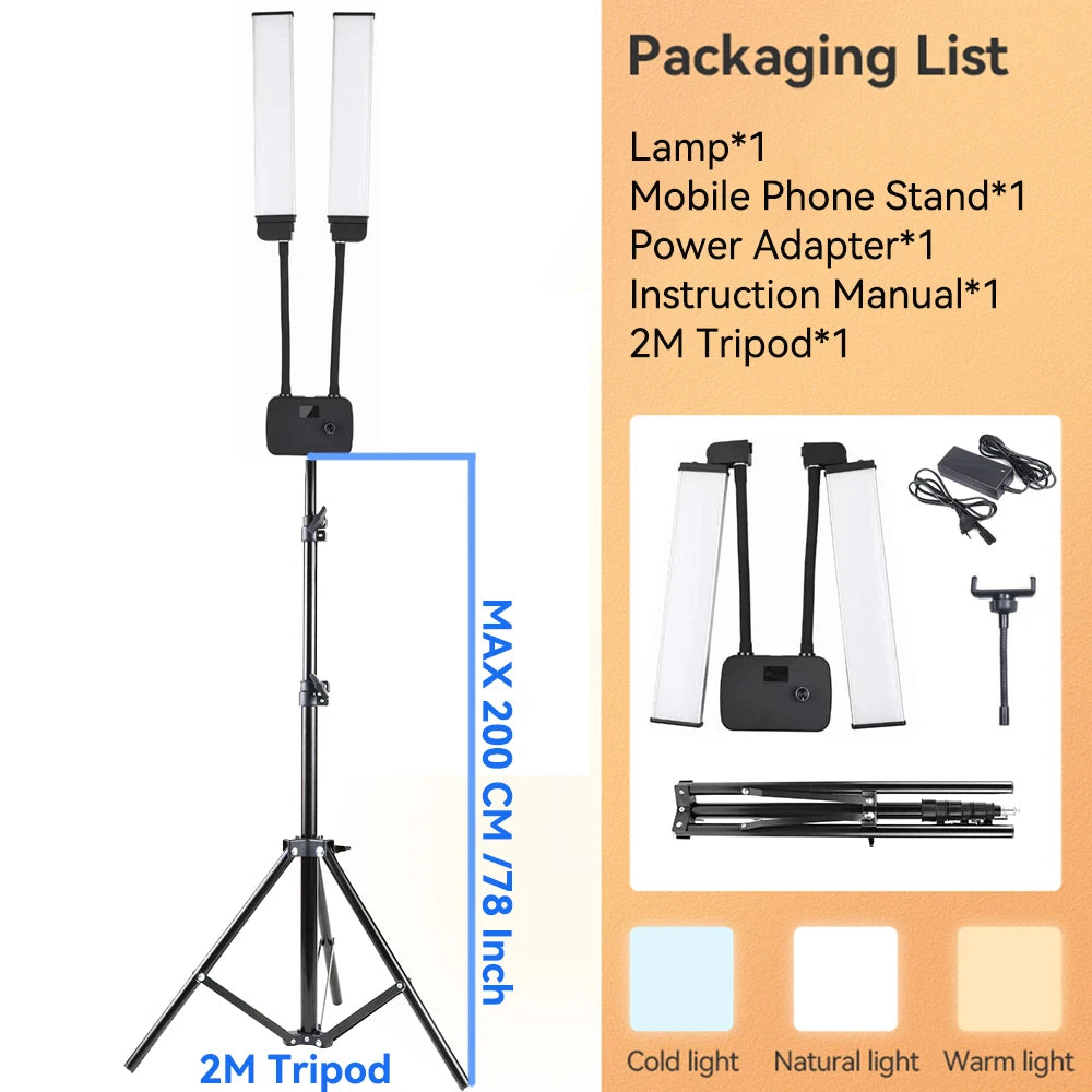 Double Arm LED Fill Light with LCD, 3200-5600K Photo Studio Selfie Lamp, Tripod Options