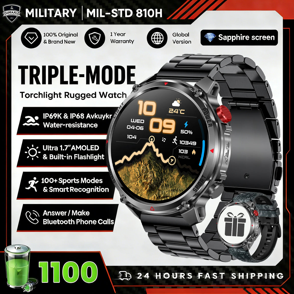 2026 New Fashion Luxury 1100mAh Battery 1.7-inch HD Screen Compass Wireless Call Flashlight 100+Sports Outdoor Sports smart