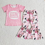 Wholesale No Moq Mama Baby Girl Clothes Short Sleeve Shirt Leopard Bell Bottom Pants Outfits Toddler Children Mother's Day Set