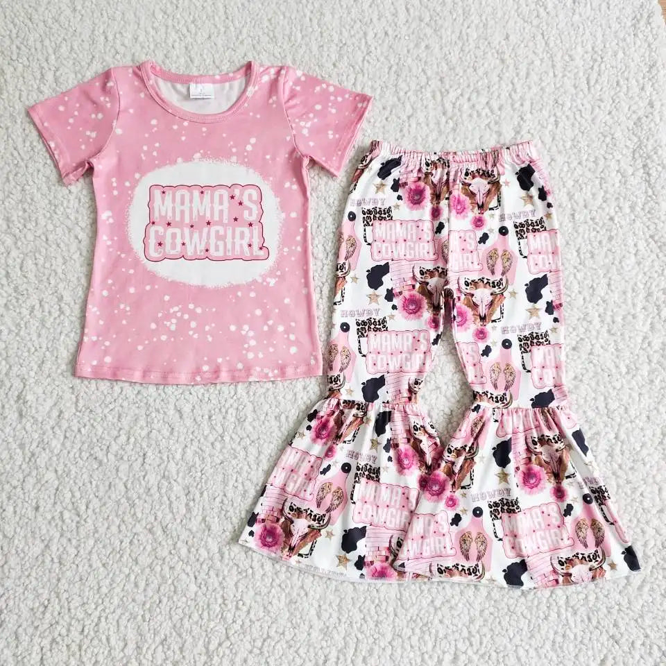 Wholesale No Moq Mama Baby Girl Clothes Short Sleeve Shirt Leopard Bell Bottom Pants Outfits Toddler Children Mother's Day Set