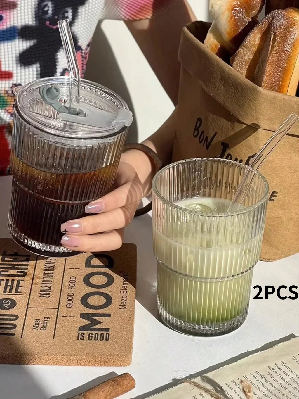 450ML Striped Glass Cup Transparent Drinking Glass with Lid and Straw, Ice Coffee Tea Juice Milk Water Glass, Stylish Design