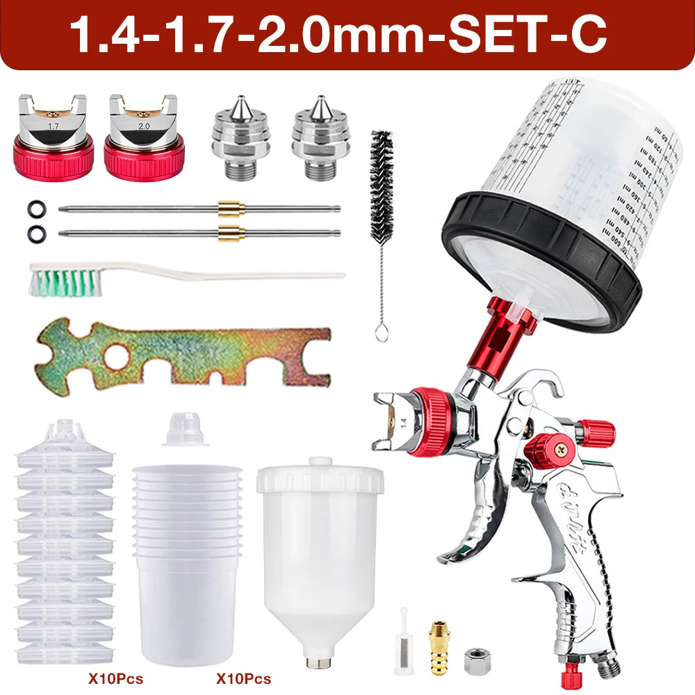 1.4mm 1.7mm 2.0mm Professional HVLP Spray Gun Home Automatic Paint Spray Gun Tool, 600ml No Clean Disposable Measuring Cup 10pcs