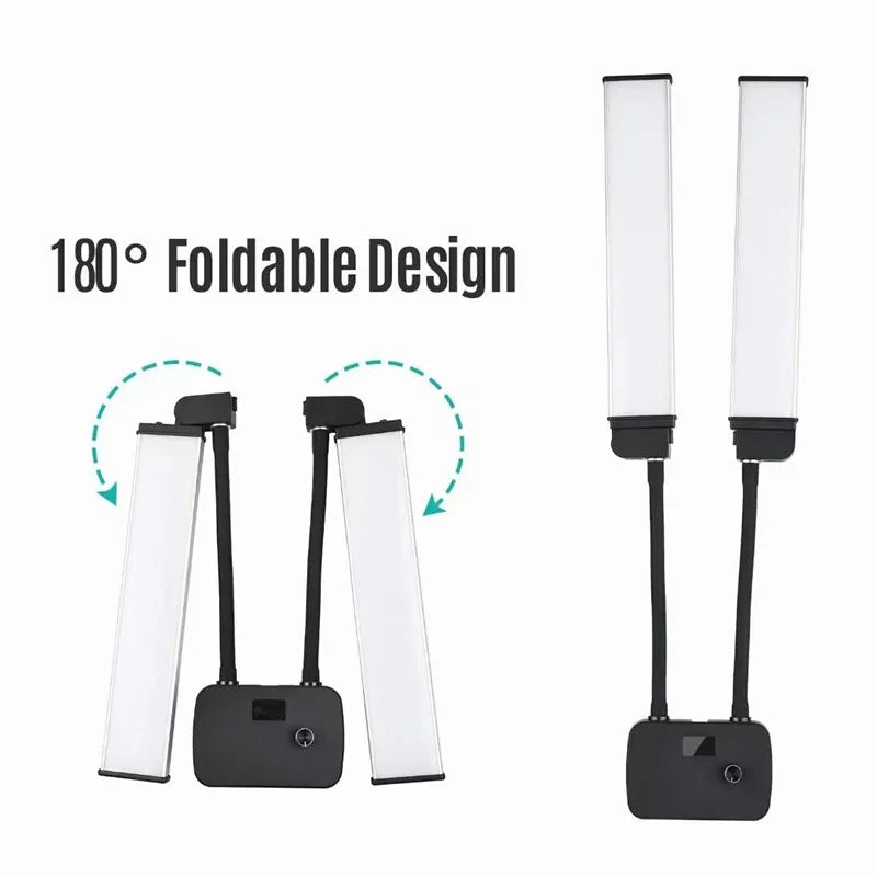Double Arm LED Fill Light with LCD, 3200-5600K Photo Studio Selfie Lamp, Tripod Options