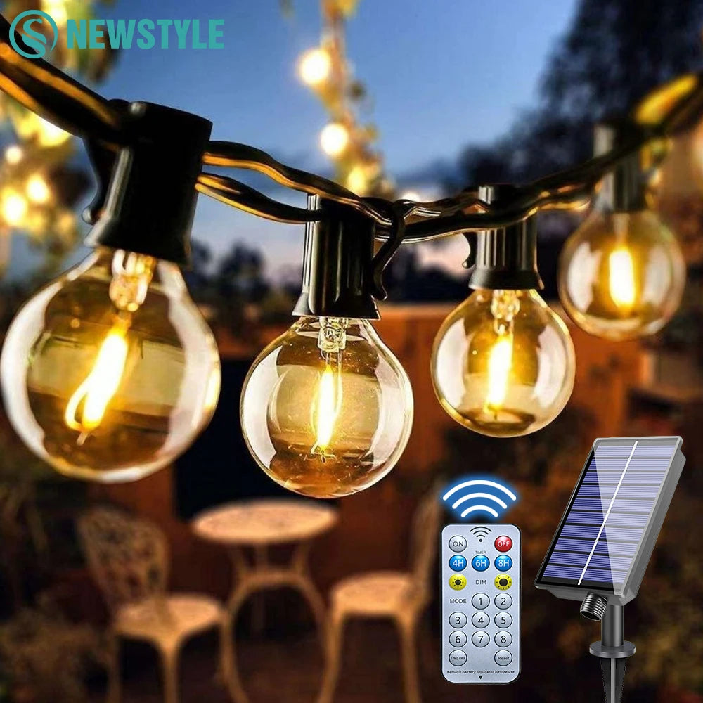 Solar G40 outdoor string lights with remote, shatterproof globe bulbs, IP65 waterproof, 10m 15 bulbs