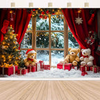 Festive Christmas and New Year photography background - winter snowy landscape with Christmas tree and teddy bear