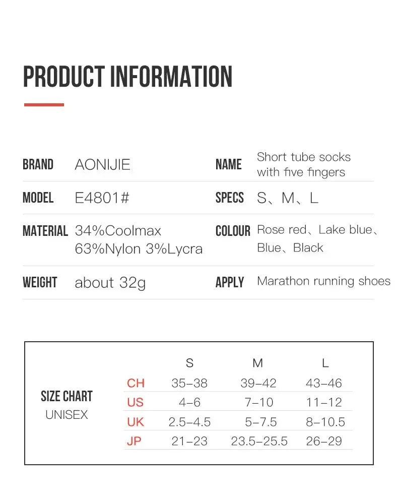 AONIJIE 3 Pairs Five Toe Running Socks Low Cut Coolmax Nylon Lycra, Sizes S- L